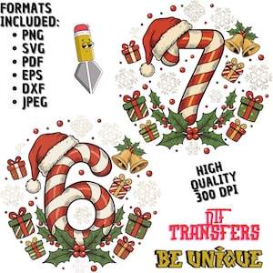 Peut inclure: Motifs numériques sur le thème de Noël avec des cannes en sucre en forme de chiffres 6 et 7, ornées de bonnets de Père Noël, de houx, de cloches et de boîtes cadeaux. Le texte "HIGH QUALITY 300 DPI" est également présent.