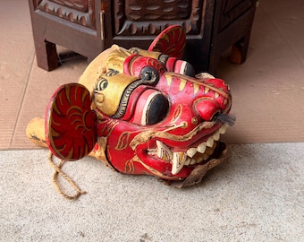 Vintage Balinese Barong Wood Mask Articulated Tongue Ears Puppet Folk Art