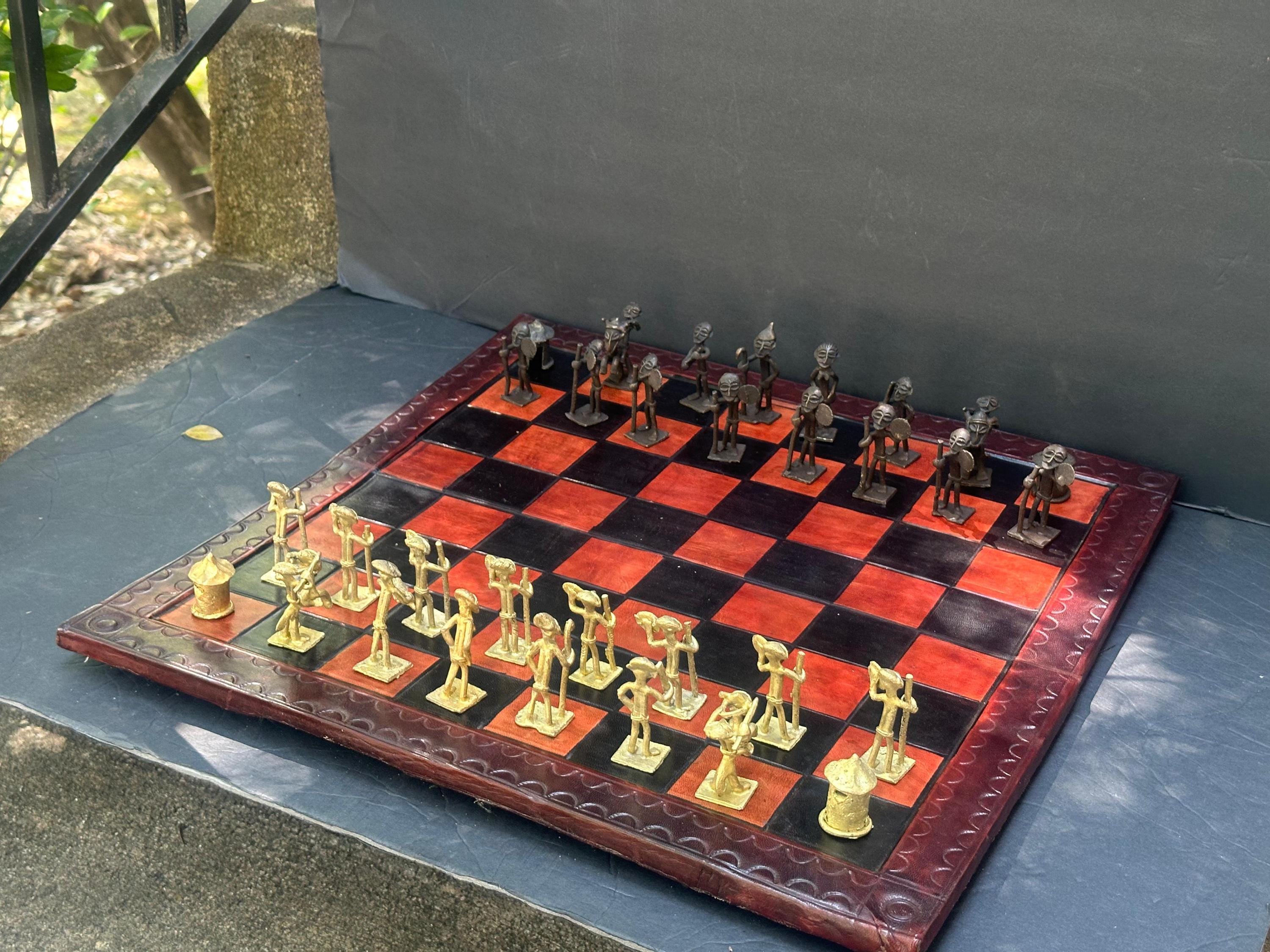 Ghanaian Ashanti Bronze Chess Set - Hand-tooled Leather Board