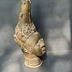 Vintage West African Bronze Head Sculpture - Benin Kingdom Style 14&quot;