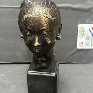 Vintage Asian Female Head Bust Statue | Bronze Finish Thai / Balinese Style 7.5&quot;
