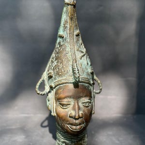 Vintage West African Bronze Head Sculpture - Benin Kingdom Style 13&quot;