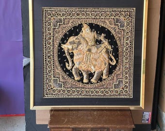 Vintage Burmese Kalaga Tapestry Framed Art–Gold Embroidered Elephant & Rider 25"