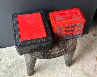Vintage Pair of Chinese Red & Black Plastic Lacquer-Style Jewelry Boxes