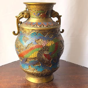 Vintage Japanese Champleve Brass Vase Dragon Phoenix Elephant Handles 10.8"