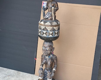 MONUMENTAL Yoruba Carved Pot & Figural Lid (Opon Ifa/Igba Orunmila) | 43"