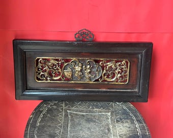 Vintage Chinese Gilt Wood Relief Carving – Figural Wall Panel Plaque 16.5"