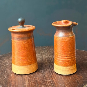 Vintage Studio Art Pottery Creamer Sugar Set Rust Glaze Signed EM MCM
