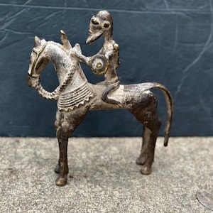 Authentic Dogon (Mali) Bronze Equestrian Figure - Hand Cast Metal Warrior on Horse - 7&quot; Tall