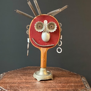 Ping Pong Paddle Found Object Robot Face Sculpture, Upcycled Assemblage Folk Art, Spoon Nose, Spring Hair, 16 in