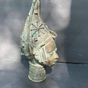 Vintage West African Bronze Head Sculpture - Benin Kingdom Style 13&quot;