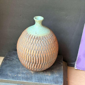 Vintage Mid Century Modern Studio Pottery Vase Large Textured Brutalist Ceramic 12"