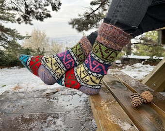 Handmade Wool Socks: Striped Knit Loungewear Bed Socks