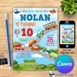 Editable Transportation Birthday Invitation Template, Transportation Vehicle Birthday Invitation, Transportation, Editable Text CANVA