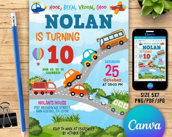 Editable Transportation Birthday Invitation Template, Transportation Vehicle Birthday Invitation, Transportation, Editable Text CANVA