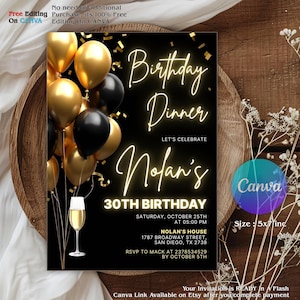 Digital Birthday Dinner Invitation Template, Black Tie Glam Invite, Animated Black Golden Diamond Evite For Men & Women, Gold Ballon Dinner
