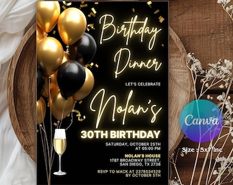 Digital Birthday Dinner Invitation Template, Black Tie Glam Invite, Animated Black Golden Diamond Evite For Men & Women, Gold Ballon Dinner