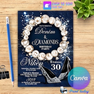 Invitación de cumpleaños de mezclilla y diamantes, invitaciones editables para cenar en un cumpleaños de mezclilla, invitación para una fiesta de mezclilla y diamantes, Canva