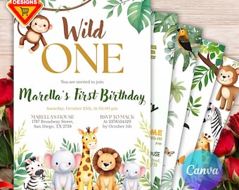 Safari Erster Geburtstag Evite, Wild One Geburtstag, 1. Geburtstag Digitale Einladung, Dschungel Erster Geburtstag Evite, Dschungeltiere Party Canva