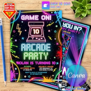 Puede incluir: Una invitación de cumpleaños de 10 años con temática de arcade en colores neón. La invitación presenta un juego de arcade retro con el texto "Game On!" y "Arcade Party". La invitación también incluye el texto "Nolan cumple 10 años" y los detalles de la fiesta, incluyendo la fecha, la hora y la ubicación.