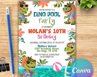Editable Dinosaur Pool Party Invitation Dinosaur Pool Birthday Party Splash Pad Dinosaur Pool Party Instant Download, Dinosaur Canva