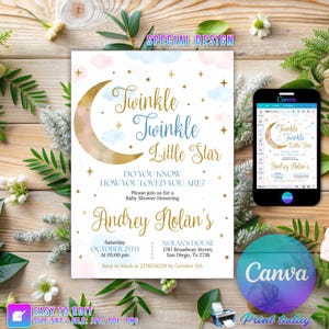 Twinkle Twinkle Little Star Gender Reveal Invitation, Gold Moon and Stars Gender Reveal Party Invite Template, He Or She, Boy Or Girl