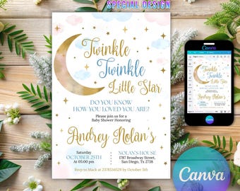 May include: Baby shower invitation with a celestial theme. The design features a gold crescent moon, stars, and the text "Twinkle Twinkle Little Star." The invitation includes details for Andrey Nolan's baby shower, with a Canva logo and print today button.