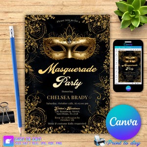 Black Gold Masquerade Invite, Masquerade Ball Invitation, Halloween Party Gothic Masquerade Invite, Black and Gold Masquerade CANVA