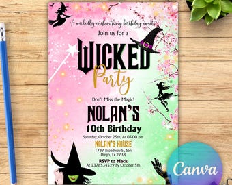 Invitación de fiesta de cumpleaños de Wicked, invitación de fiesta de Wicked, boleto de película inspirado en WICKED, tema de Elphaba y Glinda, fiesta de película, Canva