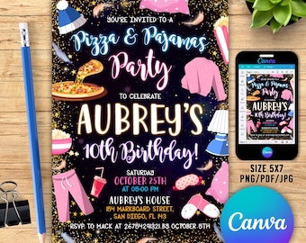 Editable Pizza and Pajamas Birthday Invitation, Sleepover Birthday Invitation, Pajama Party, Movie Night Party Girl Pink, Slumber Party