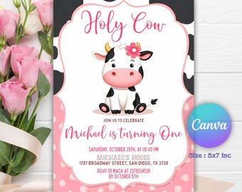 Holy Cow Party Birthday Invitation, Cowgirl Party Invitation, Banyard Party Invitation, Holy Cow Invitation, Digital Download, Holy Cow Pink