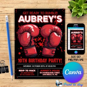 Invitación de cumpleaños de boxeador, invitación de cumpleaños de luchador, invitación de MMA para niño, invitación digital de cumpleaños de boxeo, invitación de cumpleaños de boxeo Canva