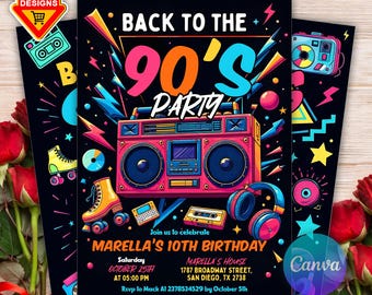 Editable 90s Birthday Party Invitation, Back To The 90s Neon Party Glow Dance Disco 2000s Birthday 90s Instant Download, 90s Design Invite