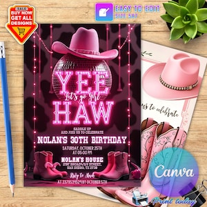 Rosa Cowgirl Geburtstagseinladung, Cowgirl Hoedown-Geburtstagsfeier einladen, Rosa Disco-Cowgirl Hoedown-Party, Disco Rodeo einladen, CANVA