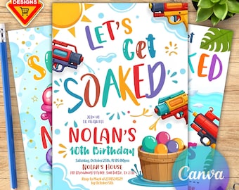 Water Balloon Invitation, Water Balloon Birthday Bash, Soaked Water Fight Splash Party DIGITAL Printable Editable Invite, Let's Get Soaked