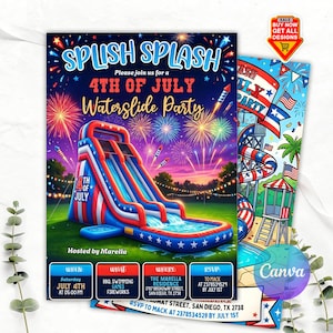 May include: A patriotic 4th of July party invitation featuring a red, white, and blue waterslide. The invitation includes event details such as the date, time, location, and RSVP information. Fireworks and a waterslide are depicted.