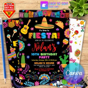 Faire-part d'anniversaire fiesta, faire-part thème mexicain, faire-part fiesta, faire-part anniversaire Papel mexicain, faire-part Fiesta modifiable sur toile