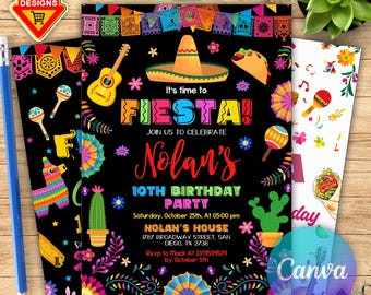 Fiesta Birthday Invitation, Mexican Theme Invitation, Fiesta Invitation, Mexican Papel Birthday Invite, Canva Editable Invitation Fiesta