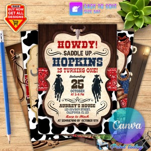 Convite Country Western, Convite de aniversário de cowboy, Madeira rústica, Convite de faroeste, Convite de aniversário de rodeio, Canva editável