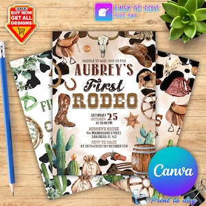 Bearbeitbar erste Rodeo-Geburtstagseinladung, Rodeo 1. Geburtstagseinladung, Cowboy-Geburtstagseinladung, Wild West-Geburtstags-Einladung Canva