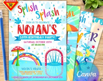 May include: A colorful birthday party invitation with the text "Splish Splash" and "Nolan's 10th Birthday Party." The design includes illustrations of a rainbow, mushroom, and water elements. The invitation is 5x7 inches.
