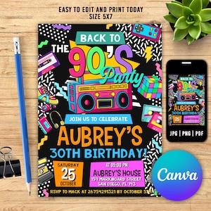 Bewerkbare uitnodiging jaren 90 verjaardagsfeestje, alle tekst is bewerkbaar, terug naar de jaren 90, throwback party, neonfeest, glow dance, verjaardag 2000
