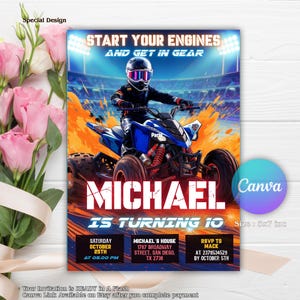 May include: A vibrant invitation card with a blue ATV and a racer in a helmet. The card reads "MICHAEL IS TURNING 10" with event details. The size is 5x7 inches. The background features a stadium and flames.