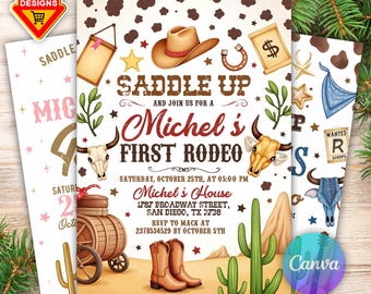Sjabloon eerste rodeo uitnodiging, wilde westen verjaardagsuitnodiging, jongen of meisje cowboy verjaardagsuitnodiging, mijn 1e rodeo-uitnodiging, 5 x 7 Canva