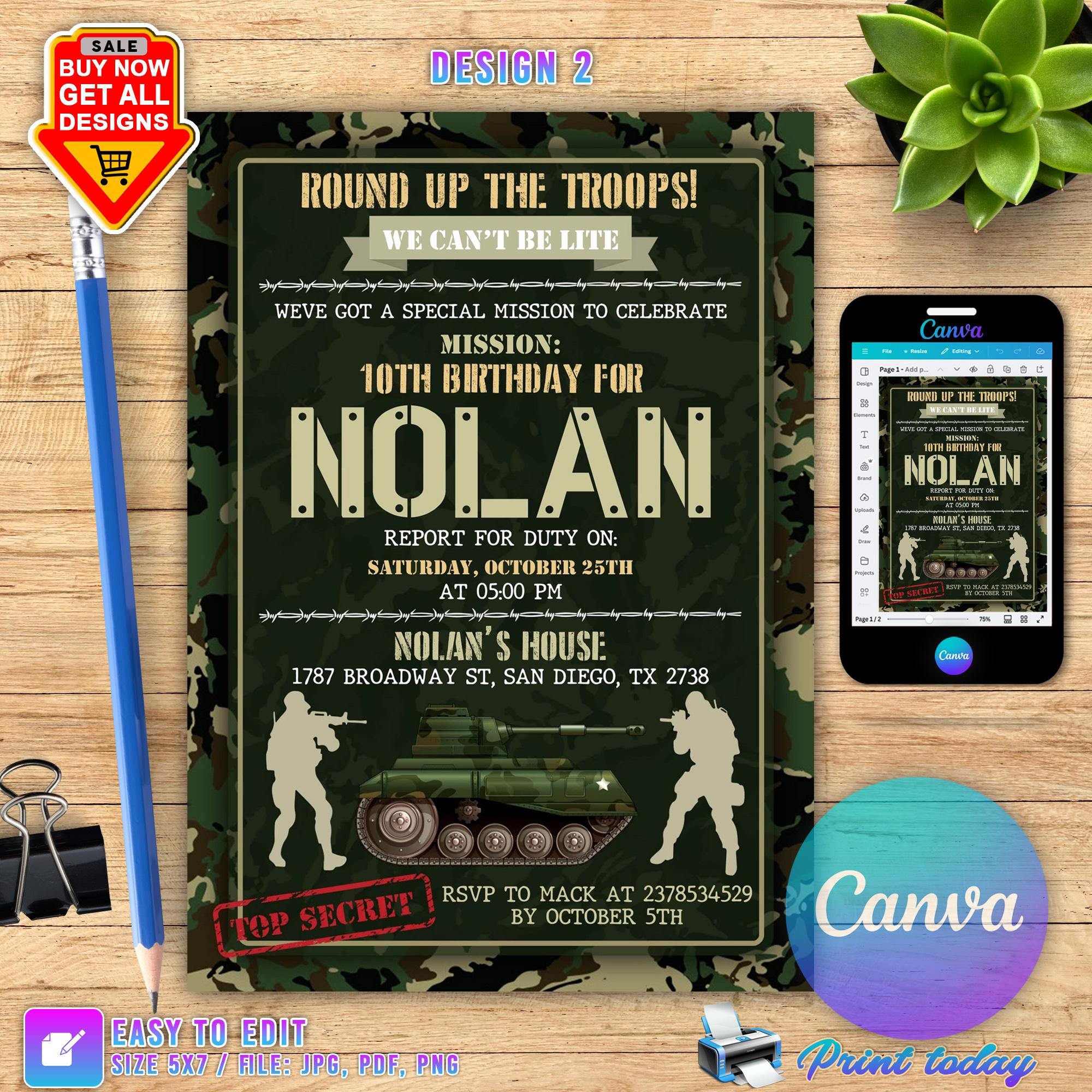 Editable Military Party Invitations, Army Birthday Invitation, Soldier ...