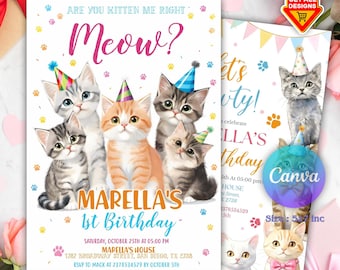 猫の誕生日招待状、猫テーマのパーティー招待状、パーティーのお祝い、猫ちゃん招待状、編集可能なCanvaテンプレート