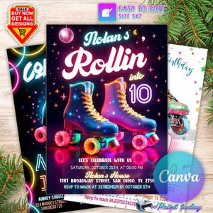 Convite de aniversário para festa de skate, convite para festa, menina e menino skatistas, patinação, luzes neon retrô, patins editáveis, patinação
