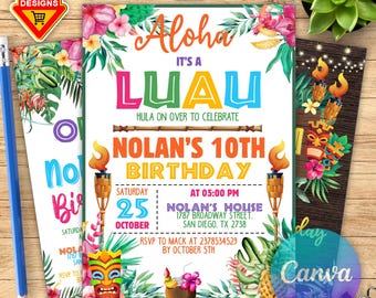 May include: A colorful invitation for a luau-themed birthday party. The design features tropical flowers, tiki torches, and the text "Aloha, It's a Luau." The invitation includes the party details: date, time, and location.
