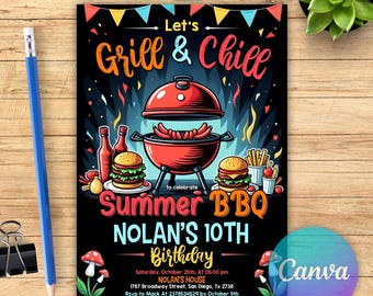 Editable Summer BBQ Invitation, Summer Party Invite, BBQ Cookout Party, Summer Barbeque Picnic Invite, Instant Download