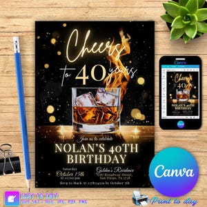 Faire-part d'anniversaire whisky, invitation d'anniversaire homme adulte modifiable, 30, 40, 50, tout âge, liqueur de cognac, téléchargement imprimable dîner